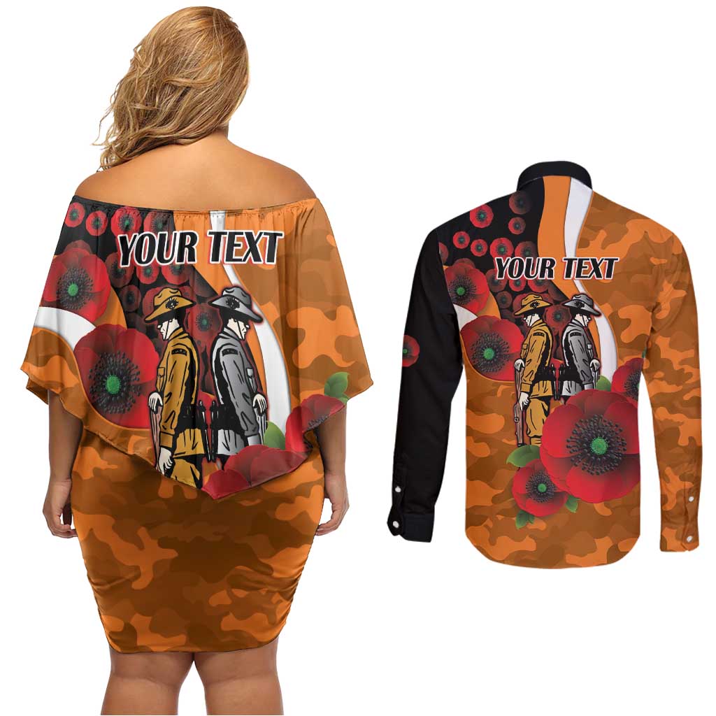 Greater Giants ANZAC Personalised Couples Matching Off Shoulder Short Dress and Long Sleeve Button Shirt Lest We Forget Poppy Camo