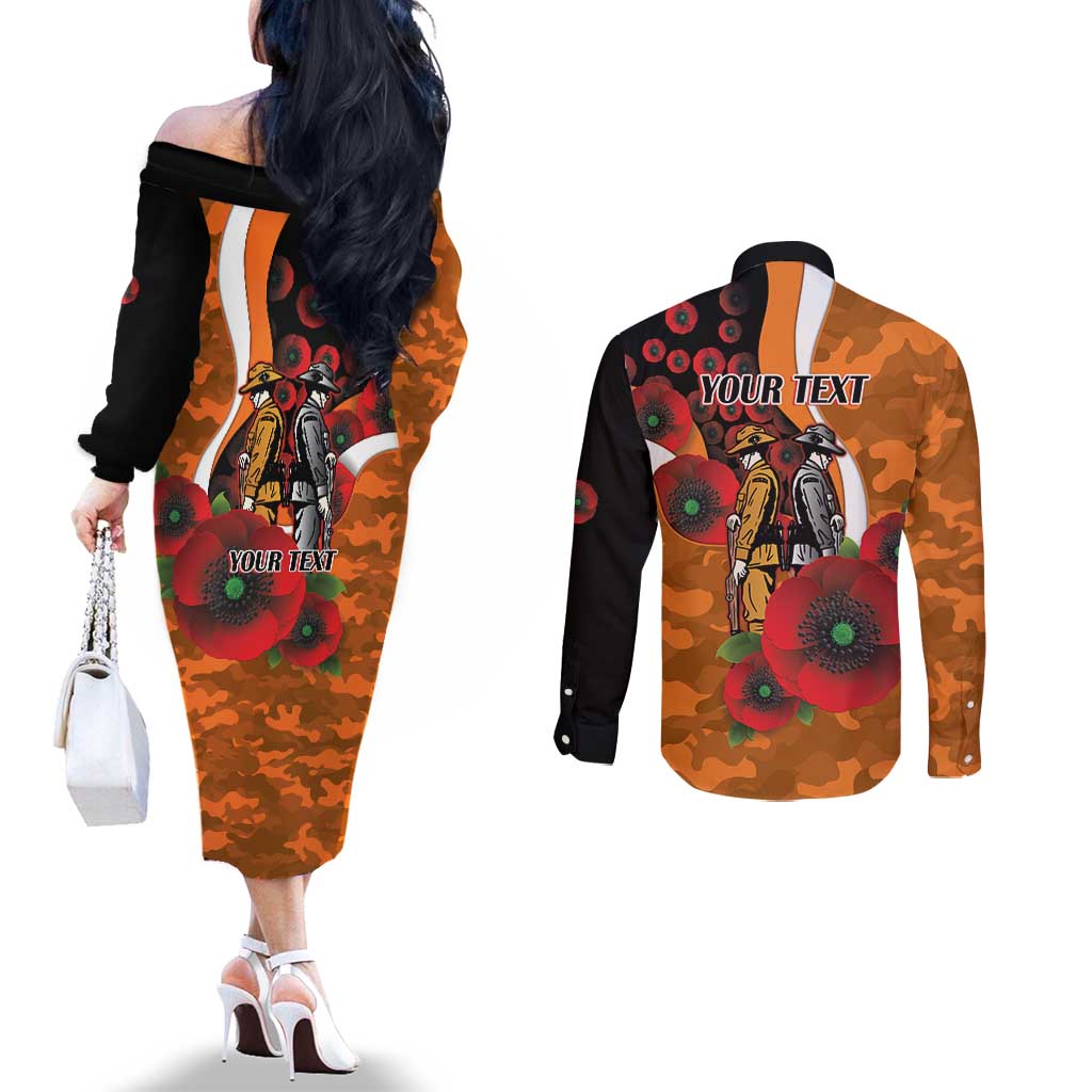 Greater Giants ANZAC Personalised Couples Matching Off The Shoulder Long Sleeve Dress and Long Sleeve Button Shirt Lest We Forget Poppy Camo