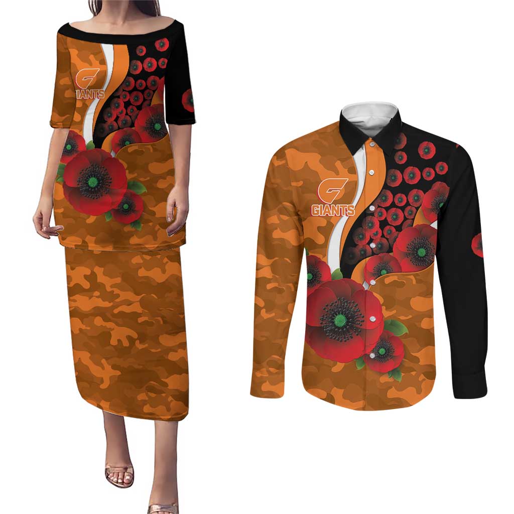 Greater Giants ANZAC Personalised Couples Matching Puletasi and Long Sleeve Button Shirt Lest We Forget Poppy Camo