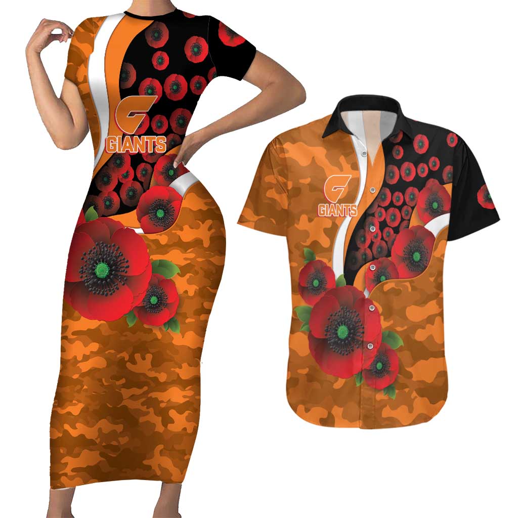 Greater Giants ANZAC Personalised Couples Matching Short Sleeve Bodycon Dress and Hawaiian Shirt Lest We Forget Poppy Camo