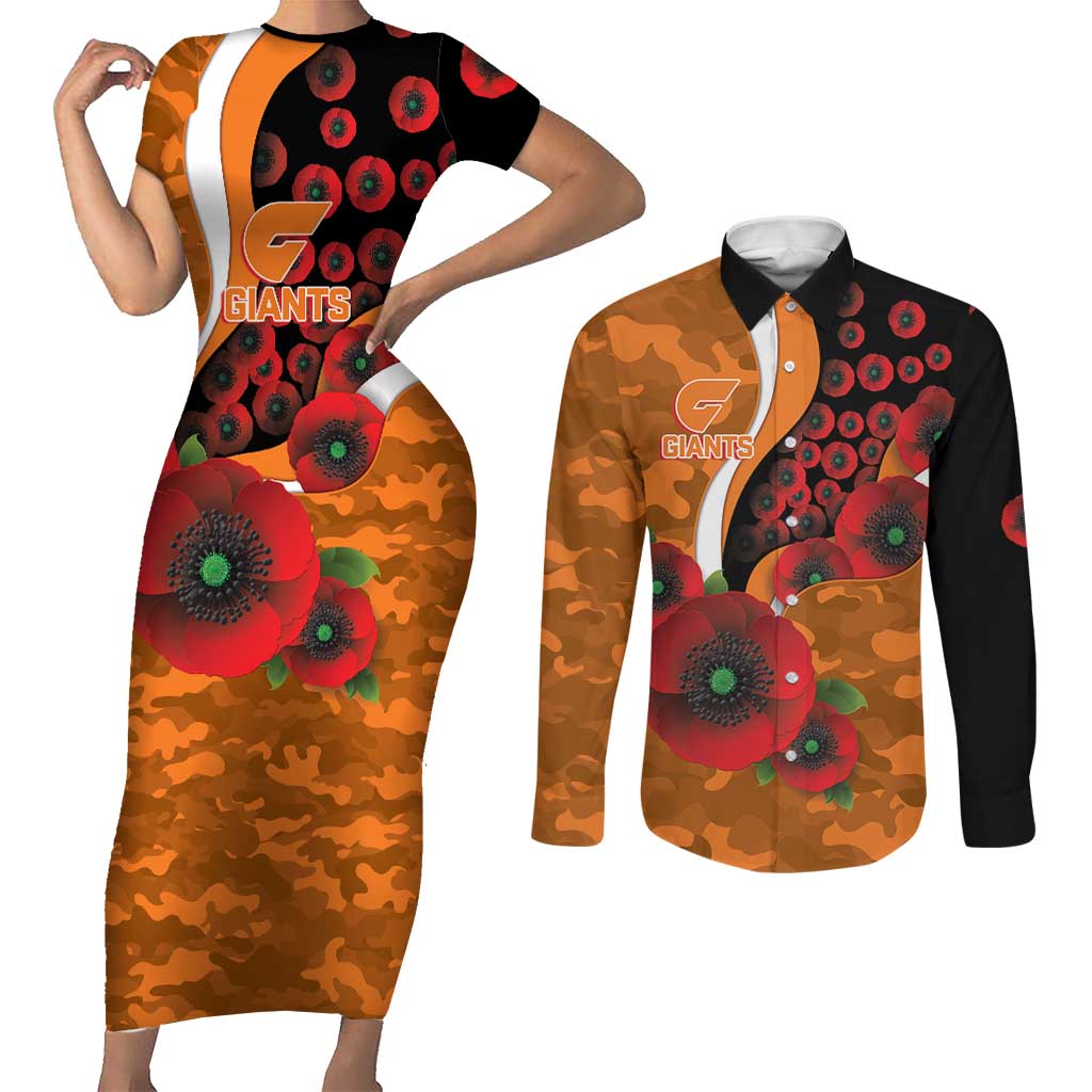 Greater Giants ANZAC Personalised Couples Matching Short Sleeve Bodycon Dress and Long Sleeve Button Shirt Lest We Forget Poppy Camo