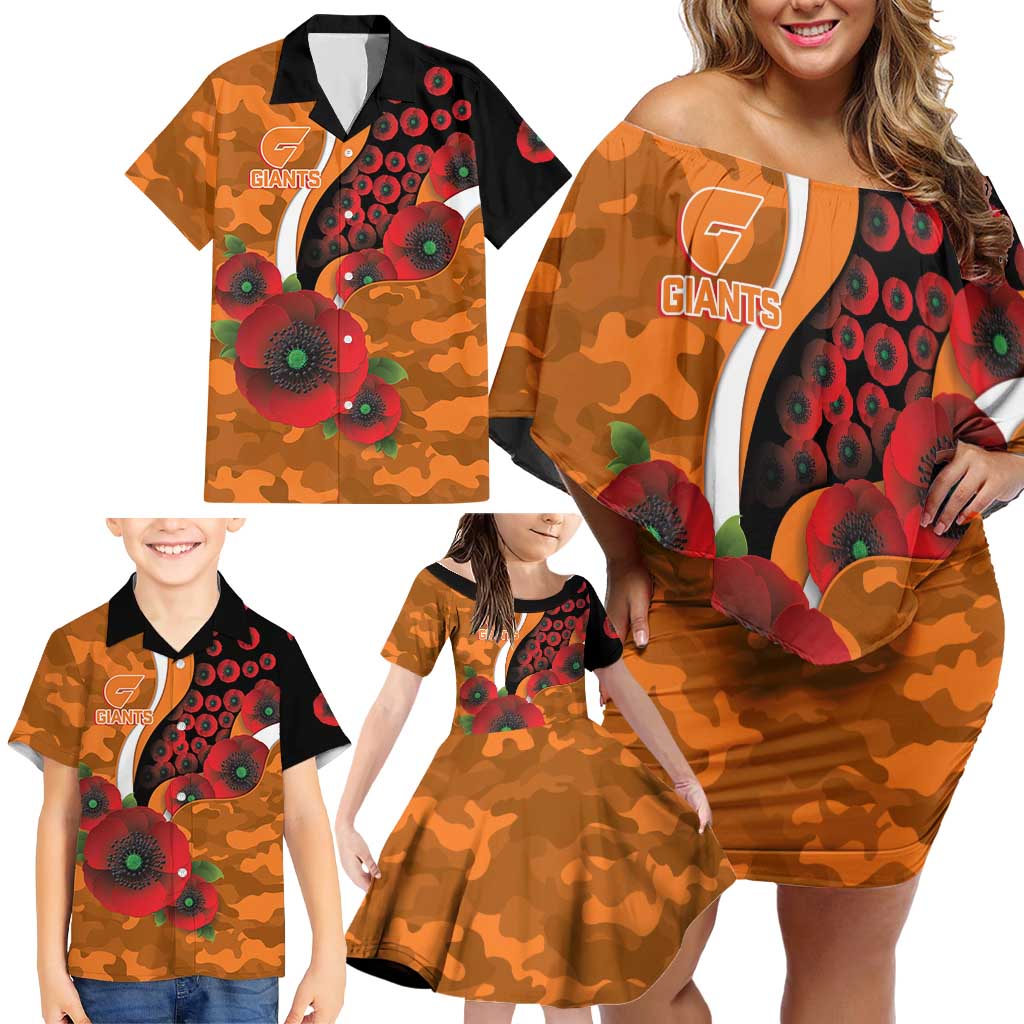 Greater Giants ANZAC Personalised Family Matching Off Shoulder Short Dress and Hawaiian Shirt Lest We Forget Poppy Camo
