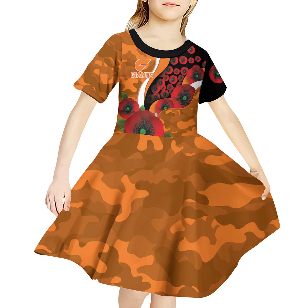 Greater Giants ANZAC Personalised Kid Short Sleeve Dress Lest We Forget Poppy Camo