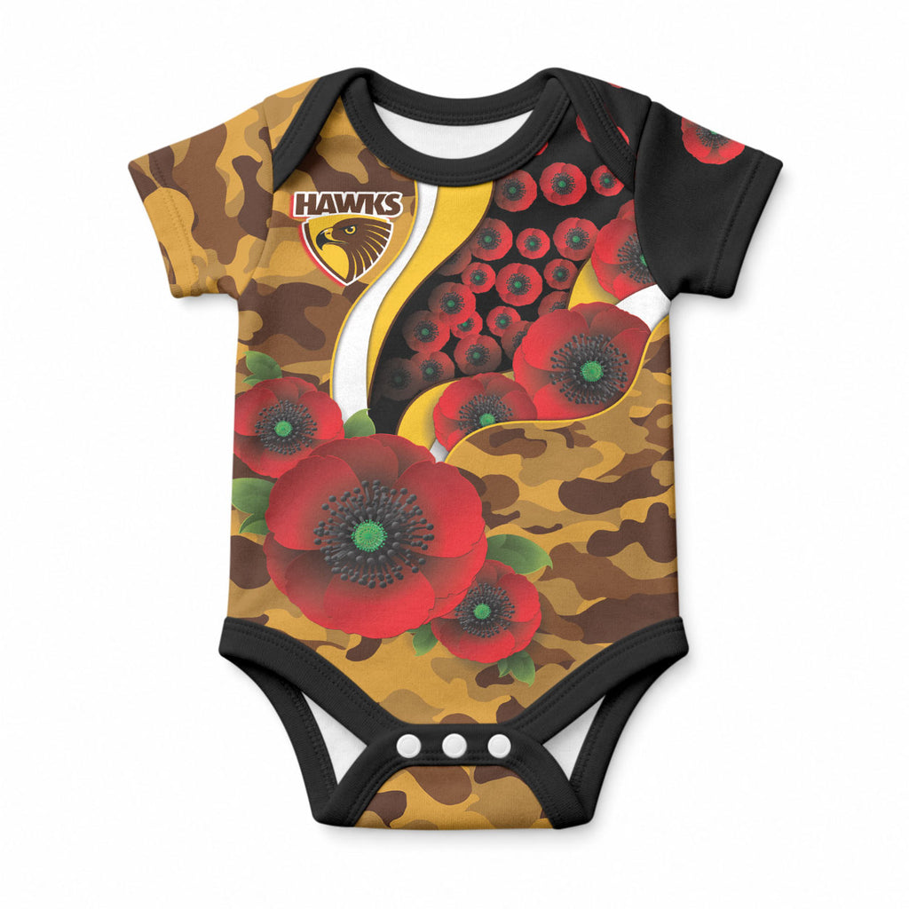 Hawthorn Hawks ANZAC Personalised Baby Onesie Lest We Forget Poppy Camo
