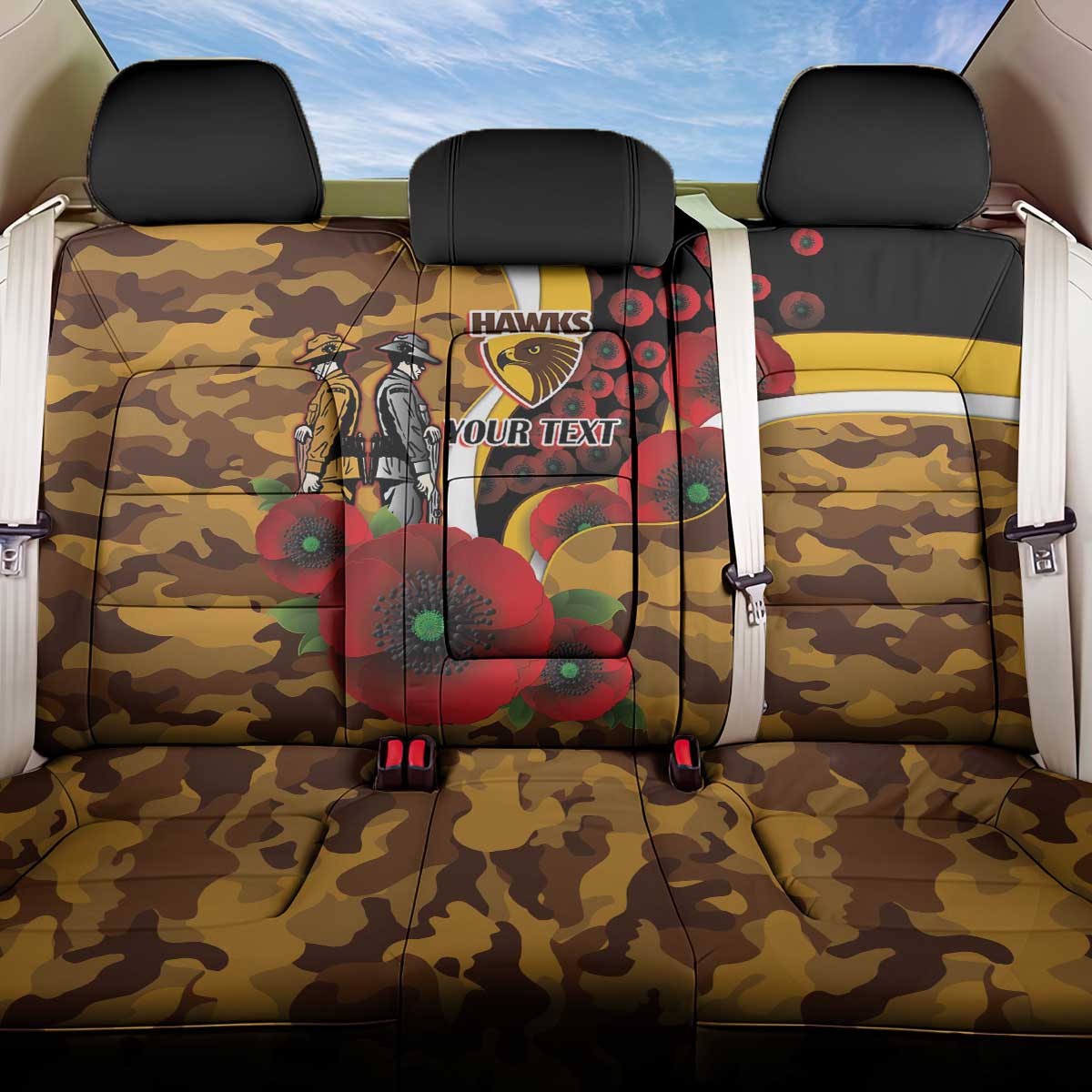 Hawthorn Hawks ANZAC Personalised Back Car Seat Cover Lest We Forget Poppy Camo