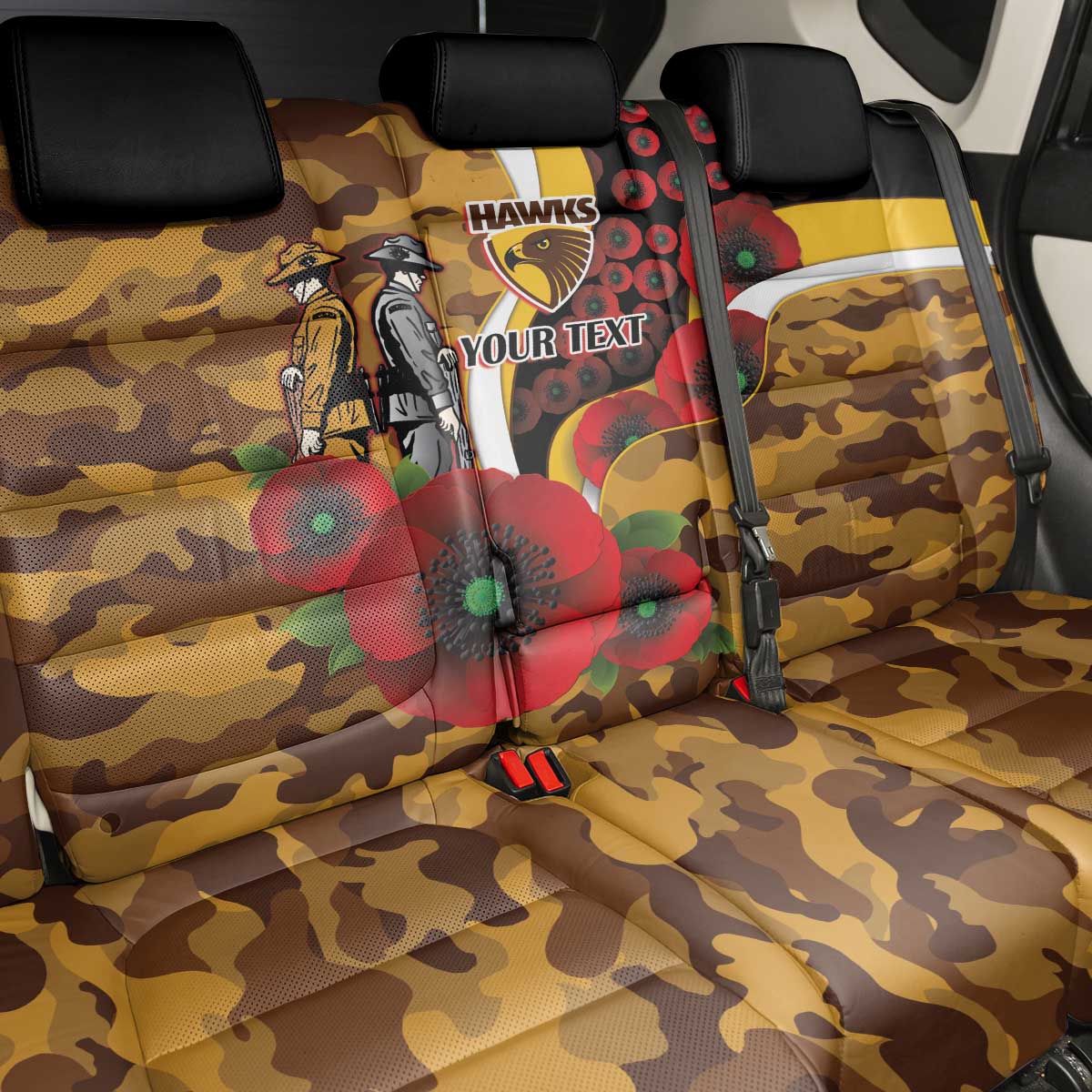 Hawthorn Hawks ANZAC Personalised Back Car Seat Cover Lest We Forget Poppy Camo