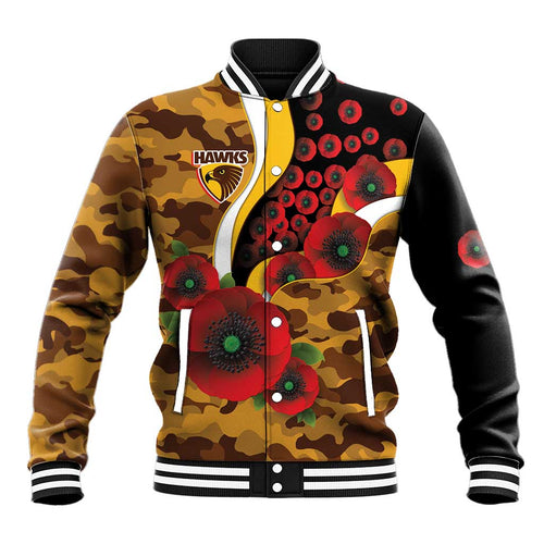 Hawthorn Hawks ANZAC Personalised Baseball Jacket Lest We Forget Poppy Camo