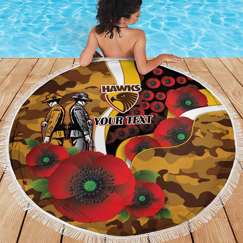 Hawthorn Hawks ANZAC Personalised Beach Blanket Lest We Forget Poppy Camo