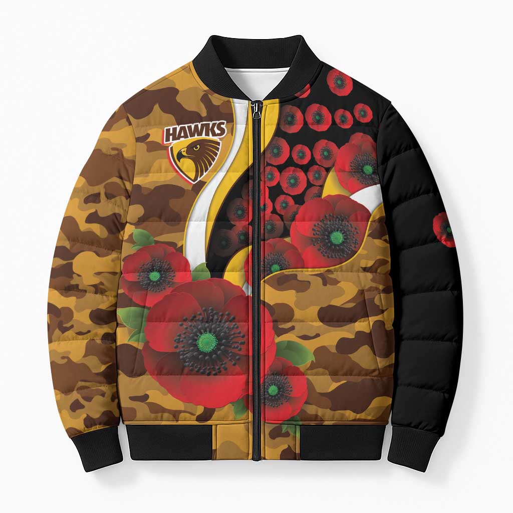 Hawthorn Hawks ANZAC Personalised Bomber Puffer Jacket Lest We Forget Poppy Camo