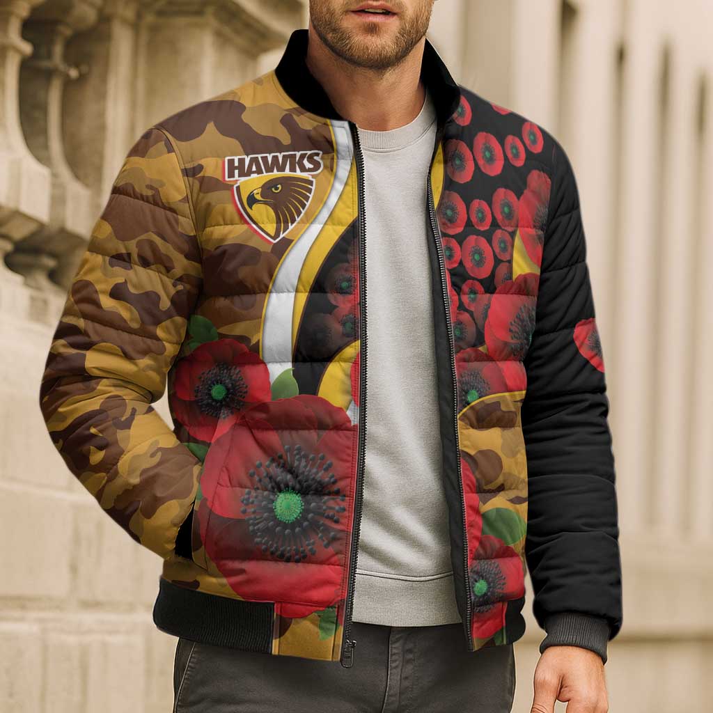 Hawthorn Hawks ANZAC Personalised Bomber Puffer Jacket Lest We Forget Poppy Camo
