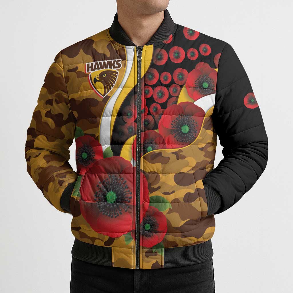 Hawthorn Hawks ANZAC Personalised Bomber Puffer Jacket Lest We Forget Poppy Camo