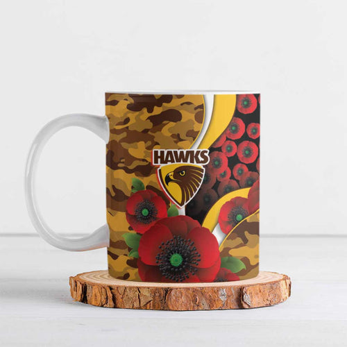 Hawthorn Hawks ANZAC Personalised Ceramic Mug Lest We Forget Poppy Camo