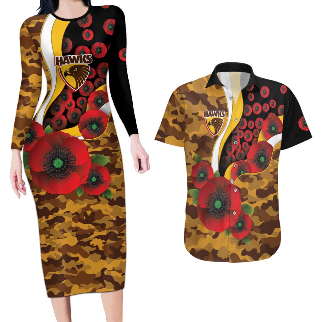 Hawthorn Hawks ANZAC Personalised Couples Matching Long Sleeve Bodycon Dress and Hawaiian Shirt Lest We Forget Poppy Camo