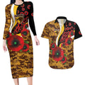 Hawthorn Hawks ANZAC Personalised Couples Matching Long Sleeve Bodycon Dress and Hawaiian Shirt Lest We Forget Poppy Camo