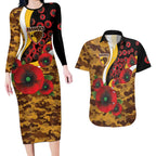 Hawthorn Hawks ANZAC Personalised Couples Matching Long Sleeve Bodycon Dress and Hawaiian Shirt Lest We Forget Poppy Camo