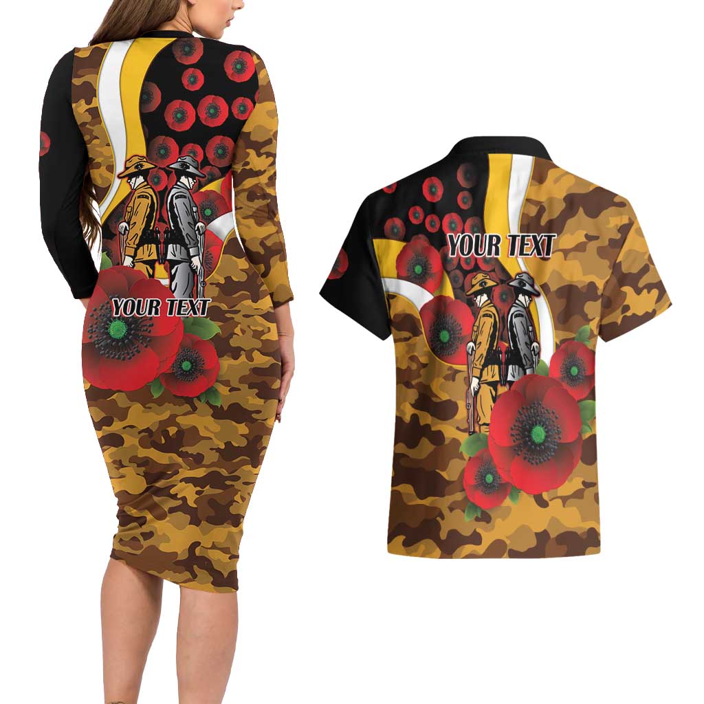 Hawthorn Hawks ANZAC Personalised Couples Matching Long Sleeve Bodycon Dress and Hawaiian Shirt Lest We Forget Poppy Camo