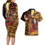Hawthorn Hawks ANZAC Personalised Couples Matching Long Sleeve Bodycon Dress and Hawaiian Shirt Lest We Forget Poppy Camo