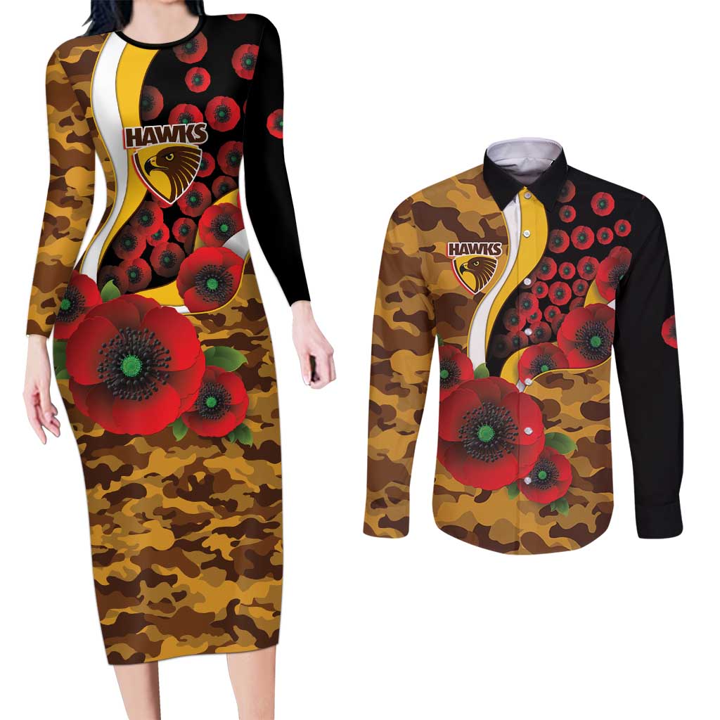 Hawthorn Hawks ANZAC Personalised Couples Matching Long Sleeve Bodycon Dress and Long Sleeve Button Shirt Lest We Forget Poppy Camo