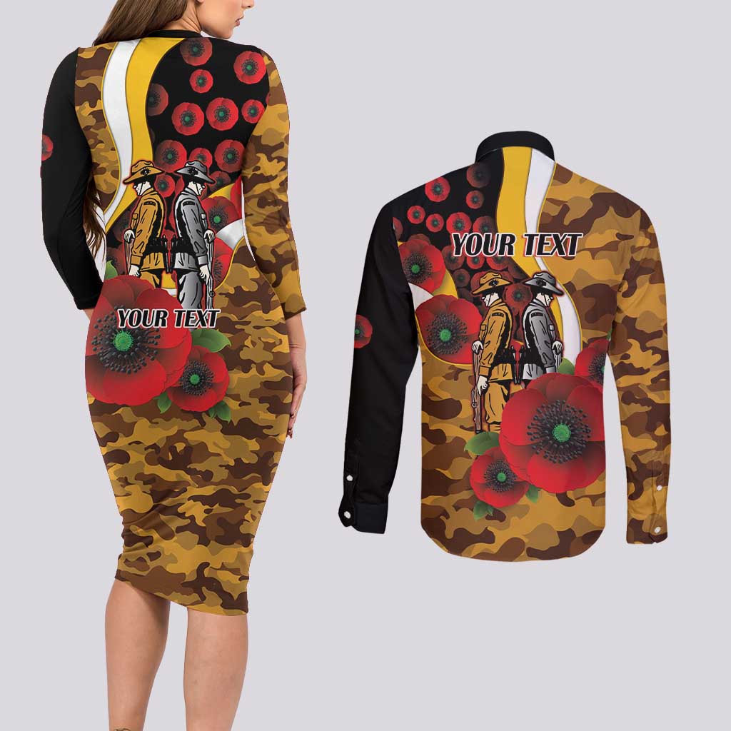 Hawthorn Hawks ANZAC Personalised Couples Matching Long Sleeve Bodycon Dress and Long Sleeve Button Shirt Lest We Forget Poppy Camo