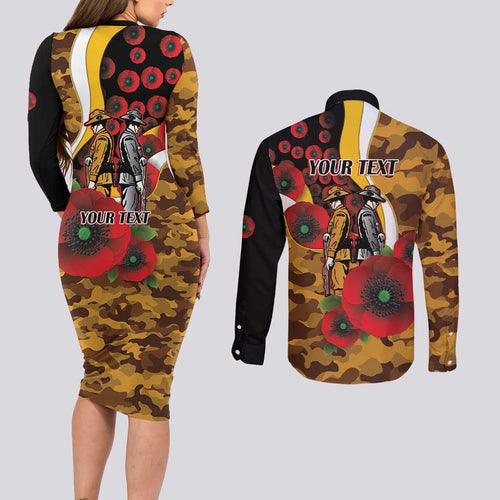 Hawthorn Hawks ANZAC Personalised Couples Matching Long Sleeve Bodycon Dress and Long Sleeve Button Shirt Lest We Forget Poppy Camo
