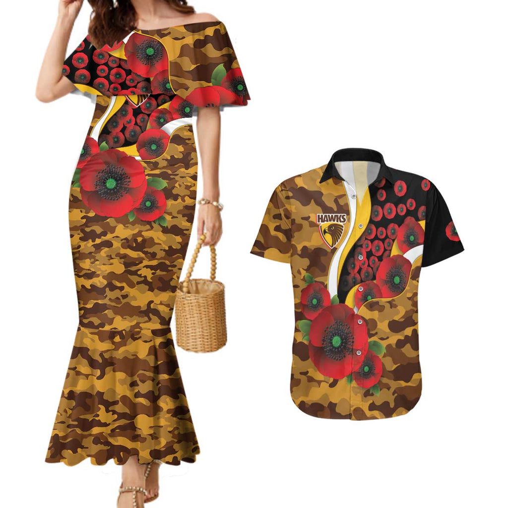 Hawthorn Hawks ANZAC Personalised Couples Matching Mermaid Dress and Hawaiian Shirt Lest We Forget Poppy Camo