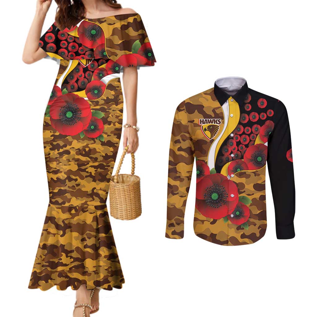 Hawthorn Hawks ANZAC Personalised Couples Matching Mermaid Dress and Long Sleeve Button Shirt Lest We Forget Poppy Camo