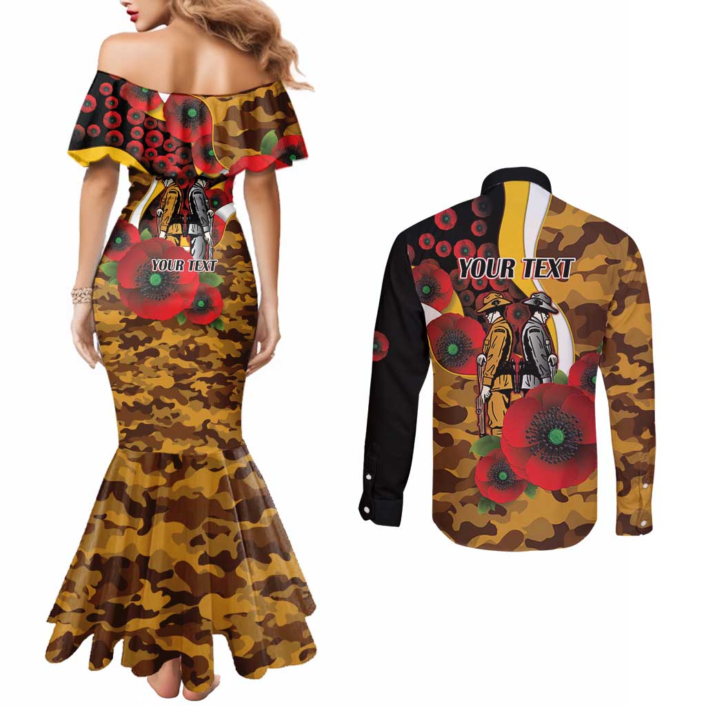 Hawthorn Hawks ANZAC Personalised Couples Matching Mermaid Dress and Long Sleeve Button Shirt Lest We Forget Poppy Camo