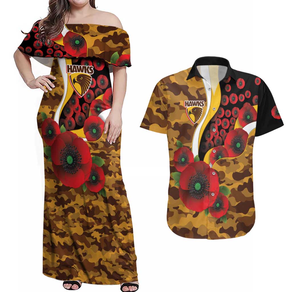 Hawthorn Hawks ANZAC Personalised Couples Matching Off Shoulder Maxi Dress and Hawaiian Shirt Lest We Forget Poppy Camo