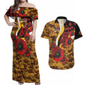 Hawthorn Hawks ANZAC Personalised Couples Matching Off Shoulder Maxi Dress and Hawaiian Shirt Lest We Forget Poppy Camo