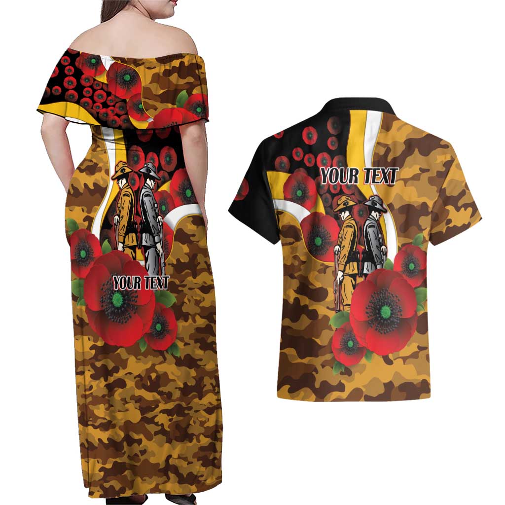 Hawthorn Hawks ANZAC Personalised Couples Matching Off Shoulder Maxi Dress and Hawaiian Shirt Lest We Forget Poppy Camo