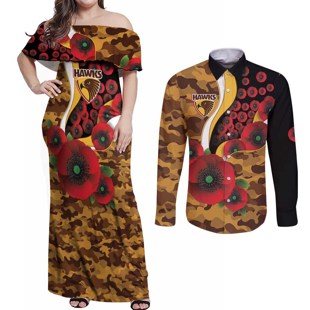 Hawthorn Hawks ANZAC Personalised Couples Matching Off Shoulder Maxi Dress and Long Sleeve Button Shirt Lest We Forget Poppy Camo