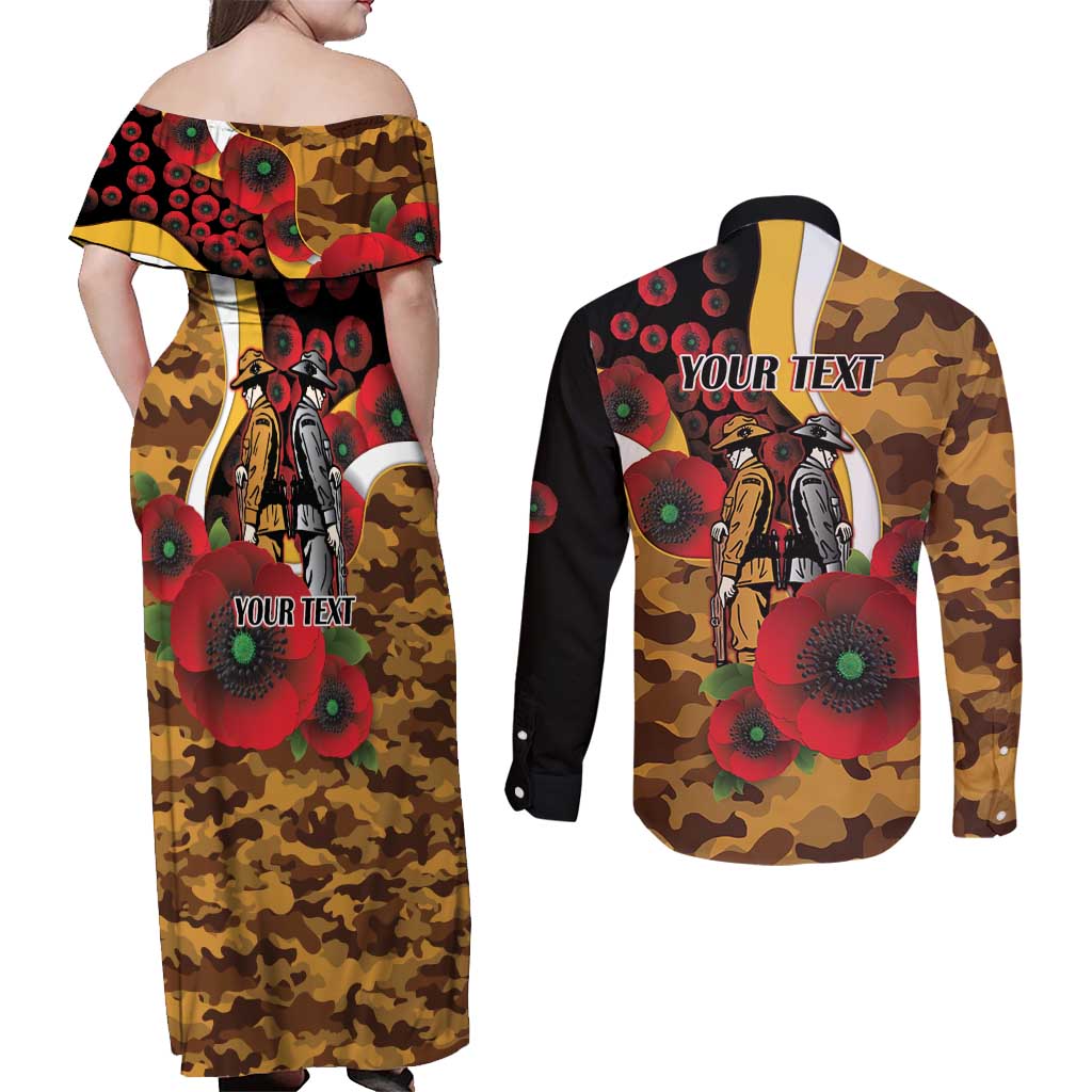 Hawthorn Hawks ANZAC Personalised Couples Matching Off Shoulder Maxi Dress and Long Sleeve Button Shirt Lest We Forget Poppy Camo