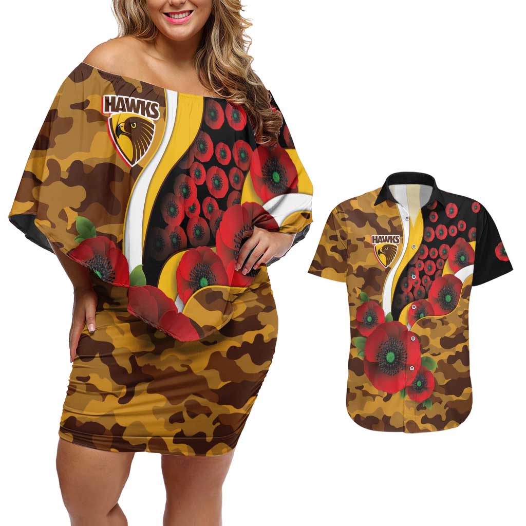 Hawthorn Hawks ANZAC Personalised Couples Matching Off Shoulder Short Dress and Hawaiian Shirt Lest We Forget Poppy Camo