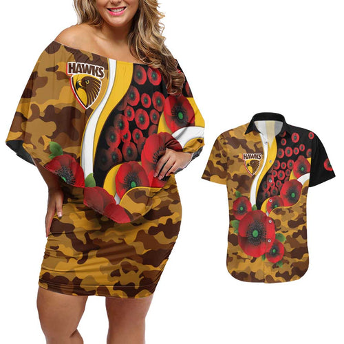 Hawthorn Hawks ANZAC Personalised Couples Matching Off Shoulder Short Dress and Hawaiian Shirt Lest We Forget Poppy Camo