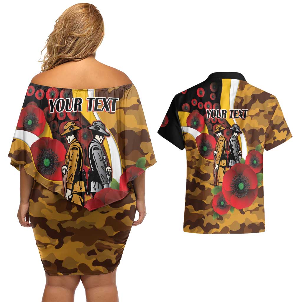Hawthorn Hawks ANZAC Personalised Couples Matching Off Shoulder Short Dress and Hawaiian Shirt Lest We Forget Poppy Camo