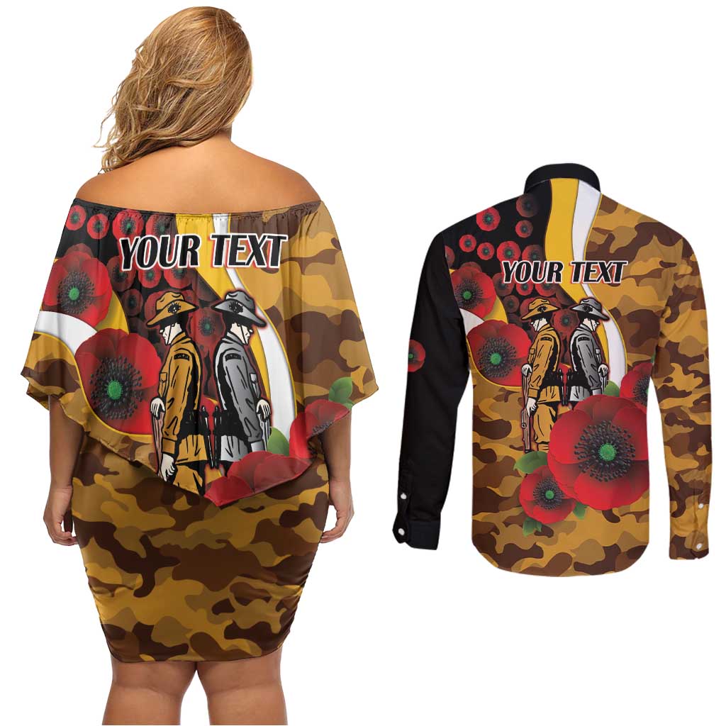 Hawthorn Hawks ANZAC Personalised Couples Matching Off Shoulder Short Dress and Long Sleeve Button Shirt Lest We Forget Poppy Camo