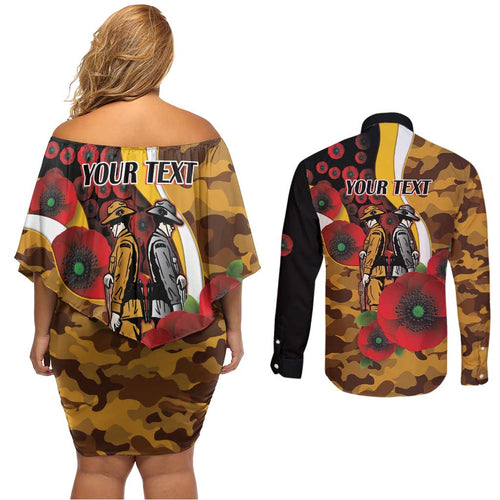 Hawthorn Hawks ANZAC Personalised Couples Matching Off Shoulder Short Dress and Long Sleeve Button Shirt Lest We Forget Poppy Camo