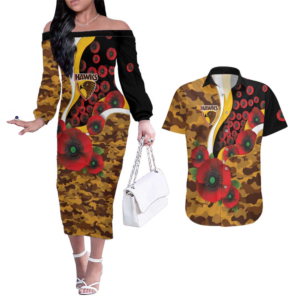Hawthorn Hawks ANZAC Personalised Couples Matching Off The Shoulder Long Sleeve Dress and Hawaiian Shirt Lest We Forget Poppy Camo