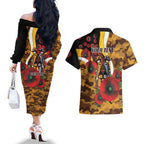 Hawthorn Hawks ANZAC Personalised Couples Matching Off The Shoulder Long Sleeve Dress and Hawaiian Shirt Lest We Forget Poppy Camo