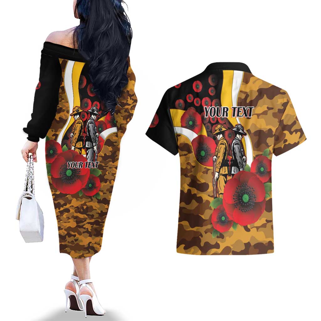 Hawthorn Hawks ANZAC Personalised Couples Matching Off The Shoulder Long Sleeve Dress and Hawaiian Shirt Lest We Forget Poppy Camo