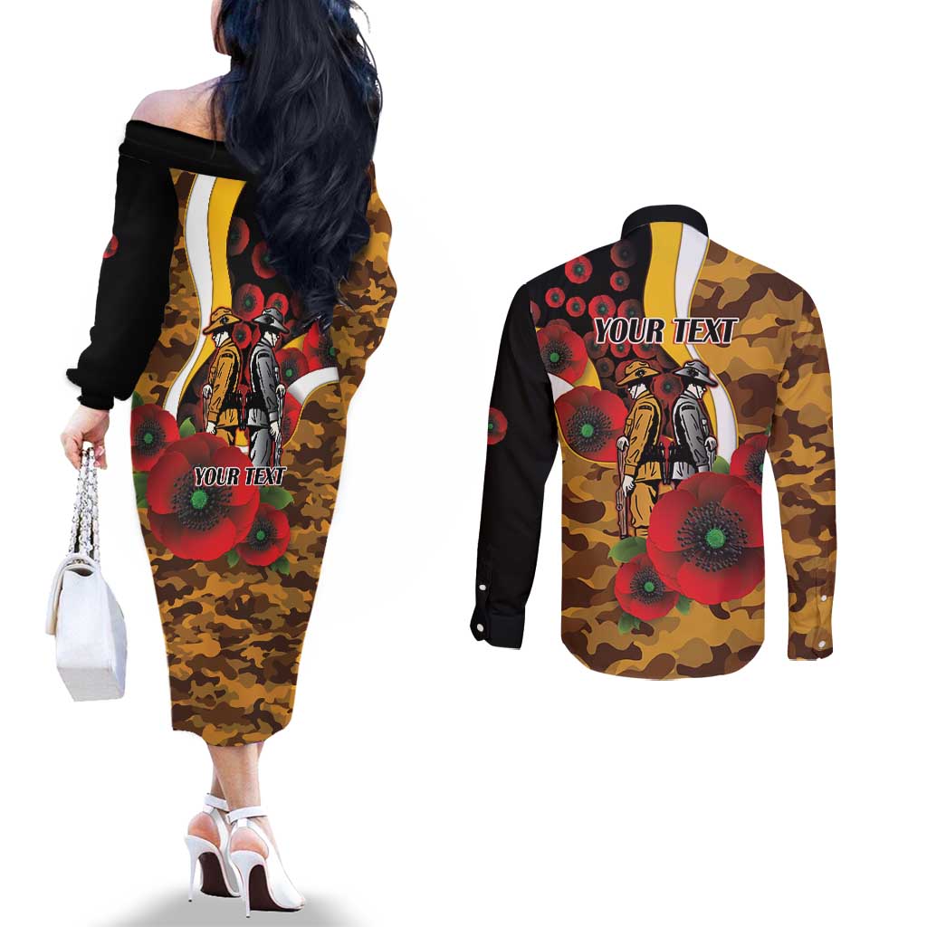 Hawthorn Hawks ANZAC Personalised Couples Matching Off The Shoulder Long Sleeve Dress and Long Sleeve Button Shirt Lest We Forget Poppy Camo