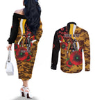 Hawthorn Hawks ANZAC Personalised Couples Matching Off The Shoulder Long Sleeve Dress and Long Sleeve Button Shirt Lest We Forget Poppy Camo