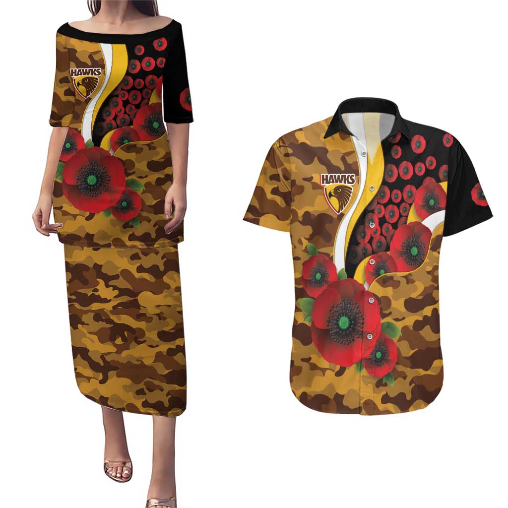 Hawthorn Hawks ANZAC Personalised Couples Matching Puletasi and Hawaiian Shirt Lest We Forget Poppy Camo