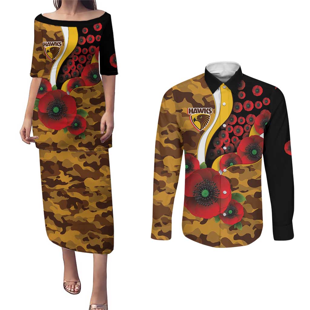 Hawthorn Hawks ANZAC Personalised Couples Matching Puletasi and Long Sleeve Button Shirt Lest We Forget Poppy Camo