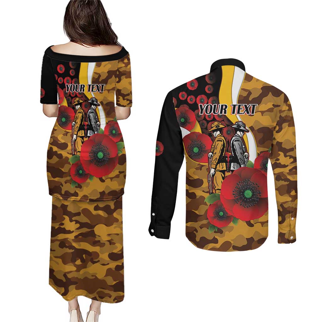 Hawthorn Hawks ANZAC Personalised Couples Matching Puletasi and Long Sleeve Button Shirt Lest We Forget Poppy Camo
