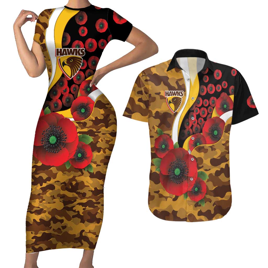 Hawthorn Hawks ANZAC Personalised Couples Matching Short Sleeve Bodycon Dress and Hawaiian Shirt Lest We Forget Poppy Camo