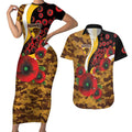 Hawthorn Hawks ANZAC Personalised Couples Matching Short Sleeve Bodycon Dress and Hawaiian Shirt Lest We Forget Poppy Camo