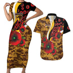Hawthorn Hawks ANZAC Personalised Couples Matching Short Sleeve Bodycon Dress and Hawaiian Shirt Lest We Forget Poppy Camo