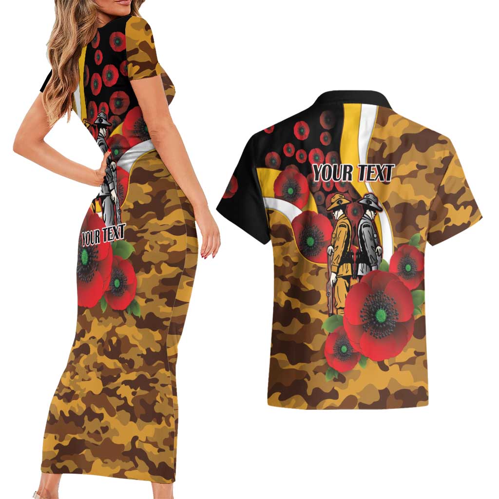 Hawthorn Hawks ANZAC Personalised Couples Matching Short Sleeve Bodycon Dress and Hawaiian Shirt Lest We Forget Poppy Camo