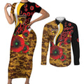 Hawthorn Hawks ANZAC Personalised Couples Matching Short Sleeve Bodycon Dress and Long Sleeve Button Shirt Lest We Forget Poppy Camo